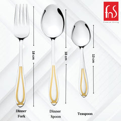 FnS Classic 24 Karat Gold Plated 18 Pcs Cutlery Set with Leatherette Box (6 Pc Dinner Spoons, 6 Pc Dinner Fork, 6 Pc Tea Spoons)