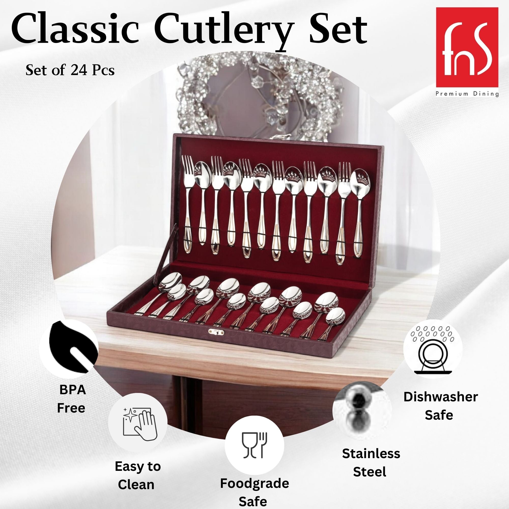 FnS Classic 24 Karat Gold Plated 24 Pcs Cutlery Set with Leatherette Box (6 Pc Dinner Spoons, 6 Pc Dinner Fork, 6 Pc Tea Spoons & 6 Baby Spoons)