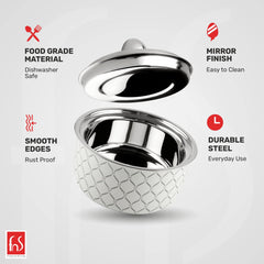 FnS Lecce Stainless Steel Double Wall Insulated Designer Casserole with Lid Elegant Hot Pot Food Warmer, Self Locking Press Lid, Hot Food Upto 8 Hour (850ml)