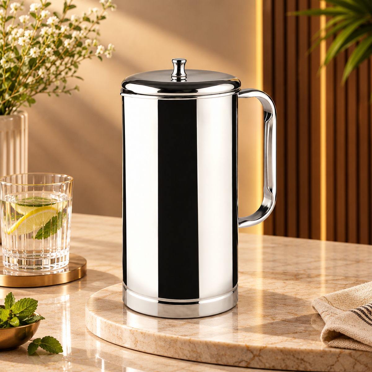 FnS Barista Everyday Stainless Steel Water Pitcher 1.5 L with mirror finish and lid on a premium kitchen table.
