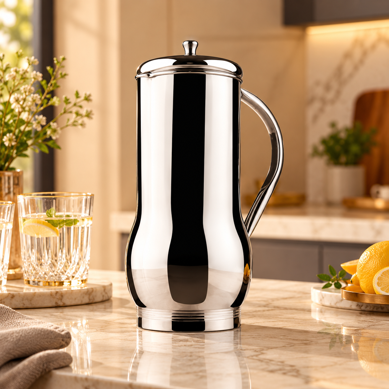 FnS Magnum Everyday Stainless Steel Water Pitcher 1.2 L with mirror finish and lid on a clean kitchen table.
