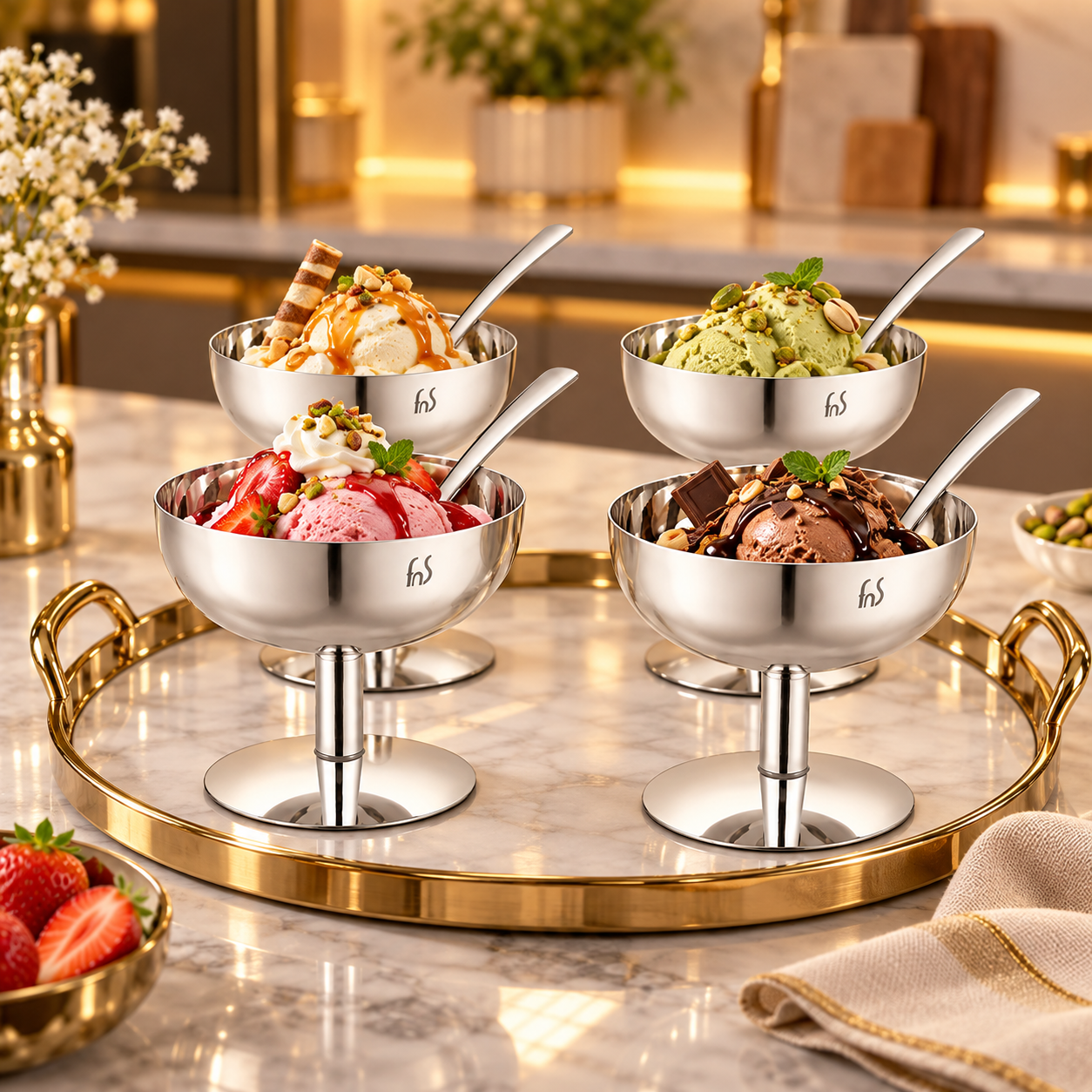 FnS Delight Stainless Steel Ice Cream Cup Set of 4 with spoon, featuring a polished design on a table with tray.
