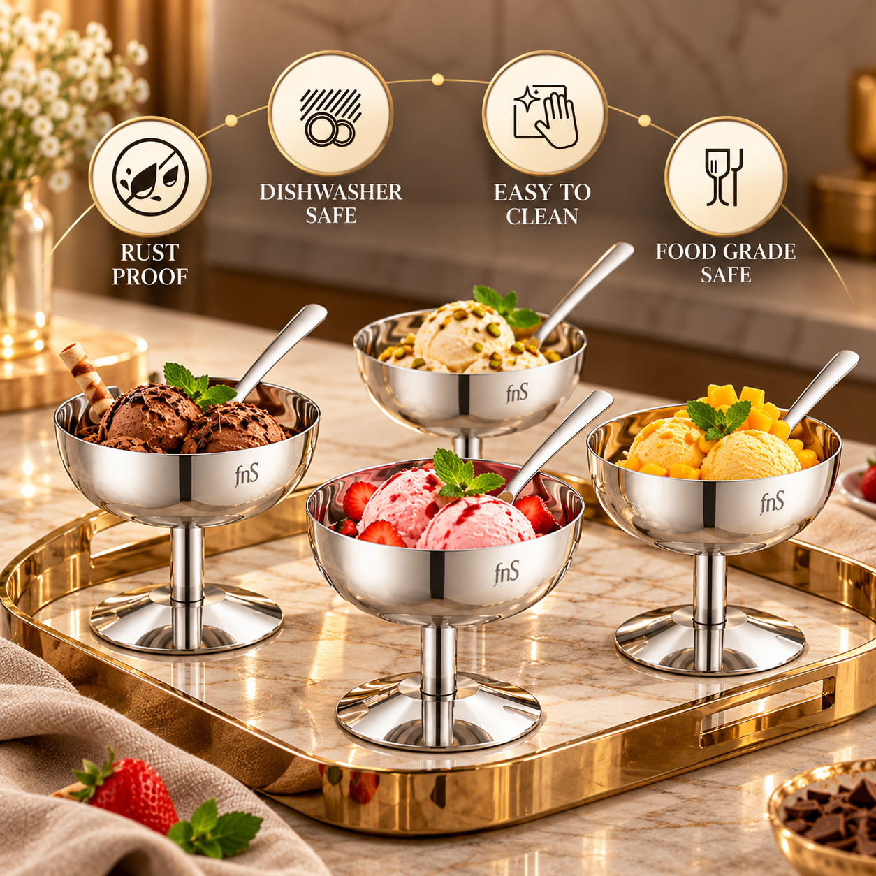 FnS Delight Stainless Steel Ice Cream Cup Set of 4 with spoons highlighting food-grade, rust-proof and dishwasher-safe design.

