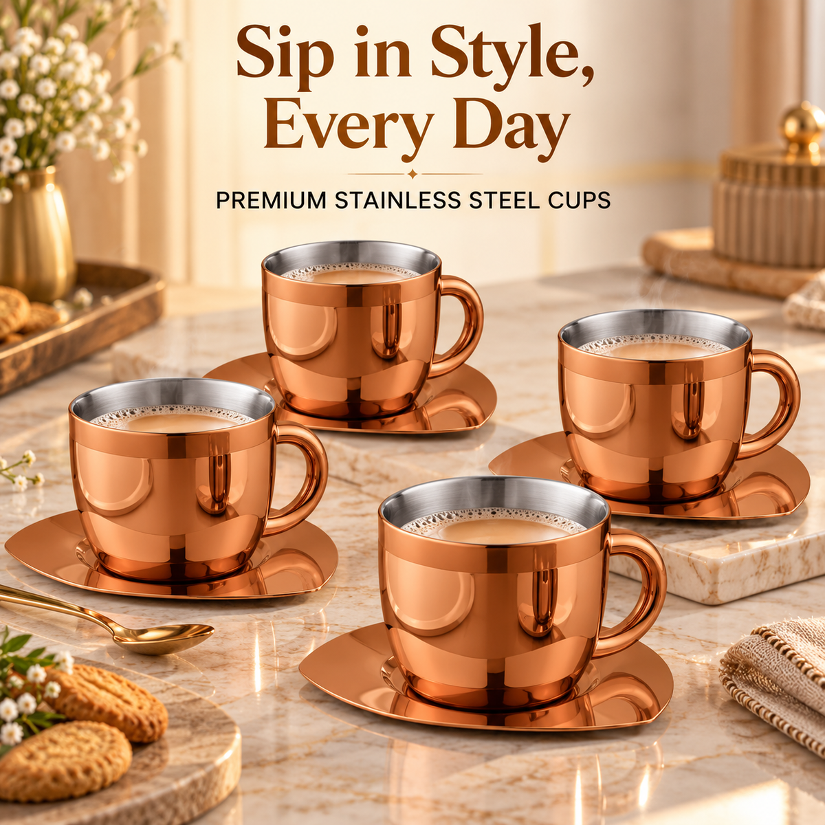 FnS Rose Gold Stainless Steel Double Walled Tea Cup and Saucer Set with four cups on a premium marble tabletop.
