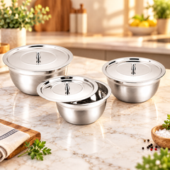 FnS Stainless Steel Serving Bowl Set with Lids in small, medium and large sizes displayed on a kitchen table.