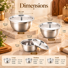 FnS Stainless Steel Serving Bowl Set with Lids in small, medium and large sizes dimensions showing.