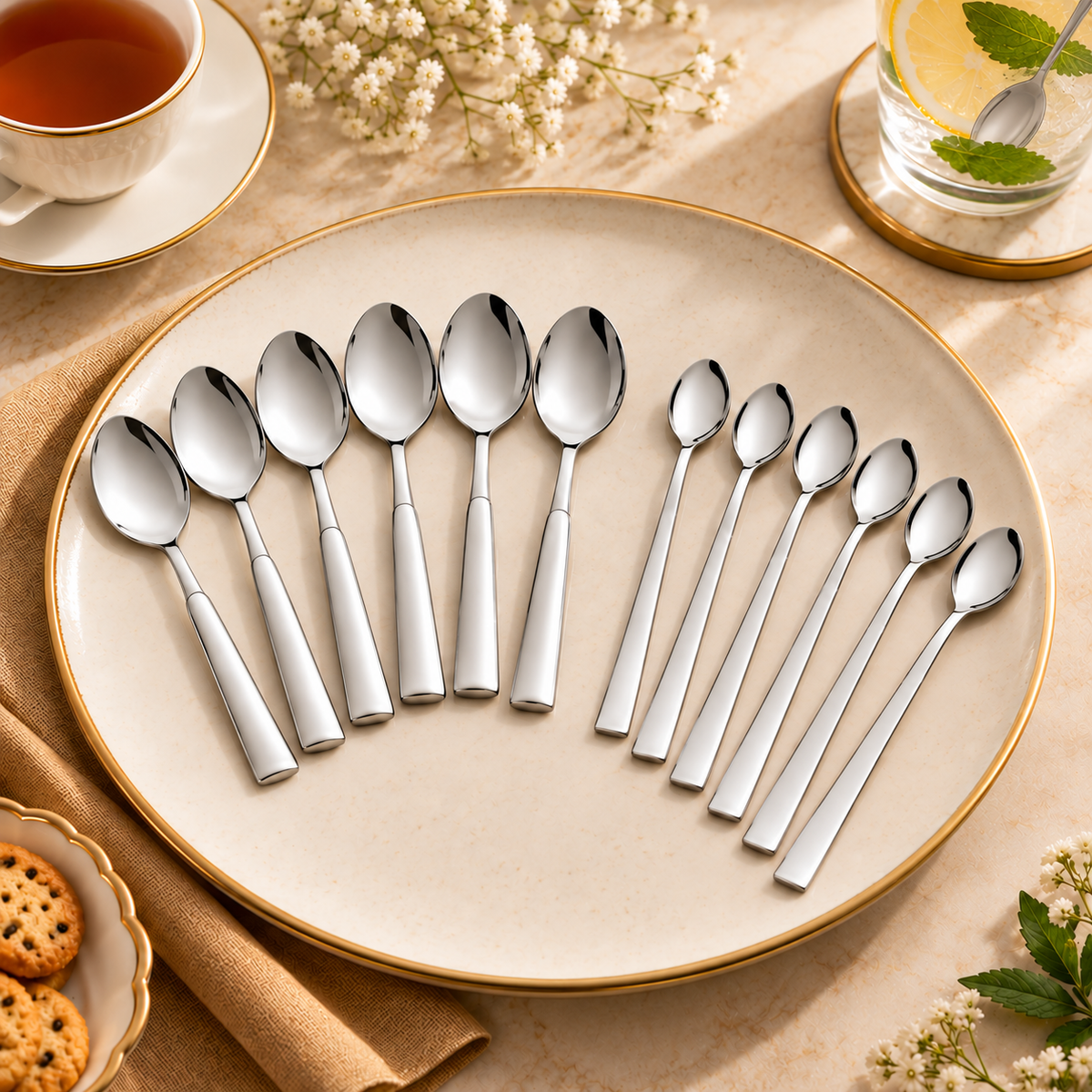 Montavo Lisbon Teaspoon & FnS Slim Line Long Drink Spoon Combo Set (12 Pcs)