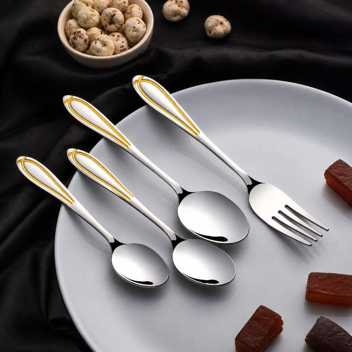 FnS Classic Stainless Steel 24 Karat Gold Plated 24 Pc Cutlery Set (6 Dinner Spoons, 6 Dinner Forks, 6 Tea Spoons, 6 Baby Spoons)