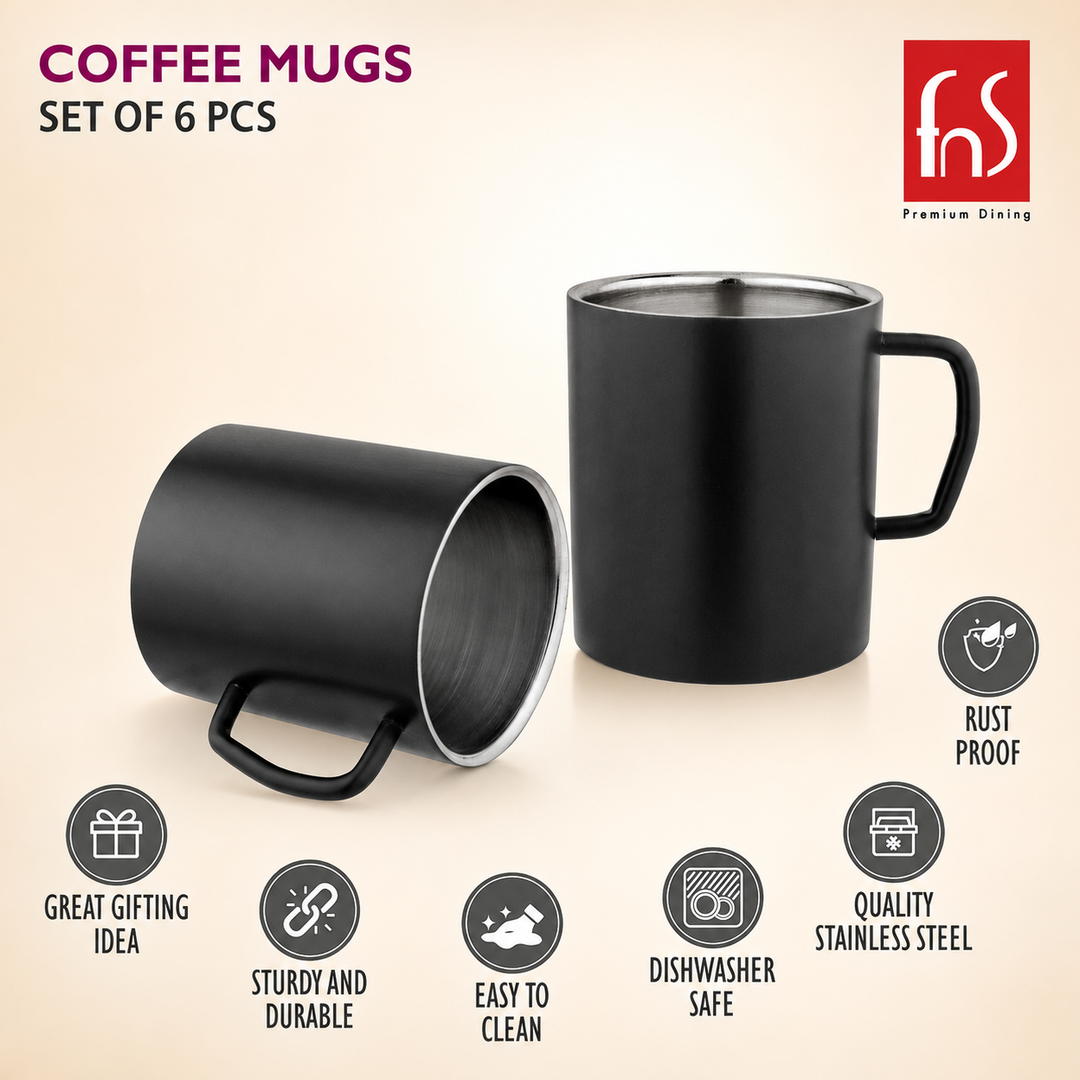 FnS Stainless Steel Double Wall Black Coffee Mug with wide handle highlighting durable, rust-proof and dishwasher-safe design.