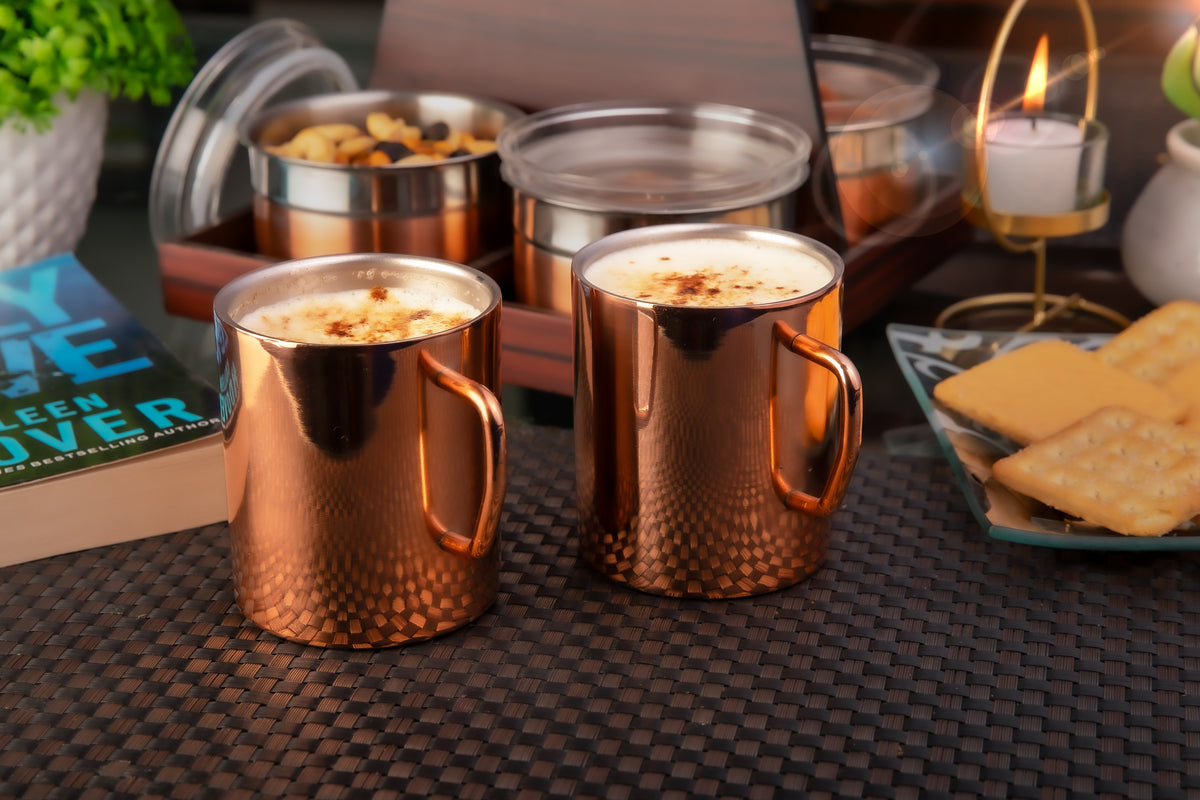 FNS Stainless Steel Coffee Mugs - Double Wall BPA Free - Tea Cup Wide Handle - Rose Gold Pack of 2 Cups