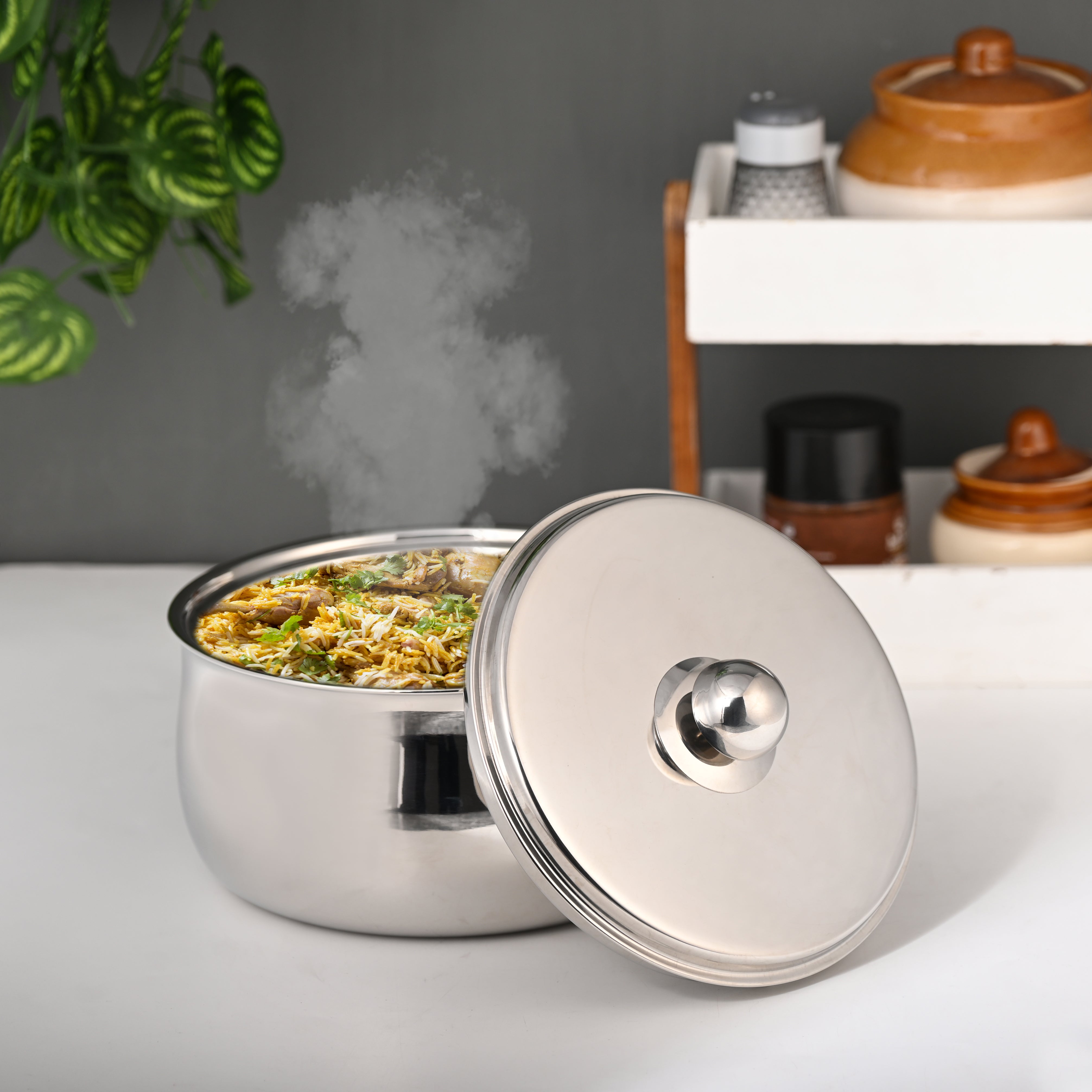 FnS Ebro Stainless Steel Casserole with steaming biryani, available in 1000ml, 1500ml, 2000ml and 3000ml