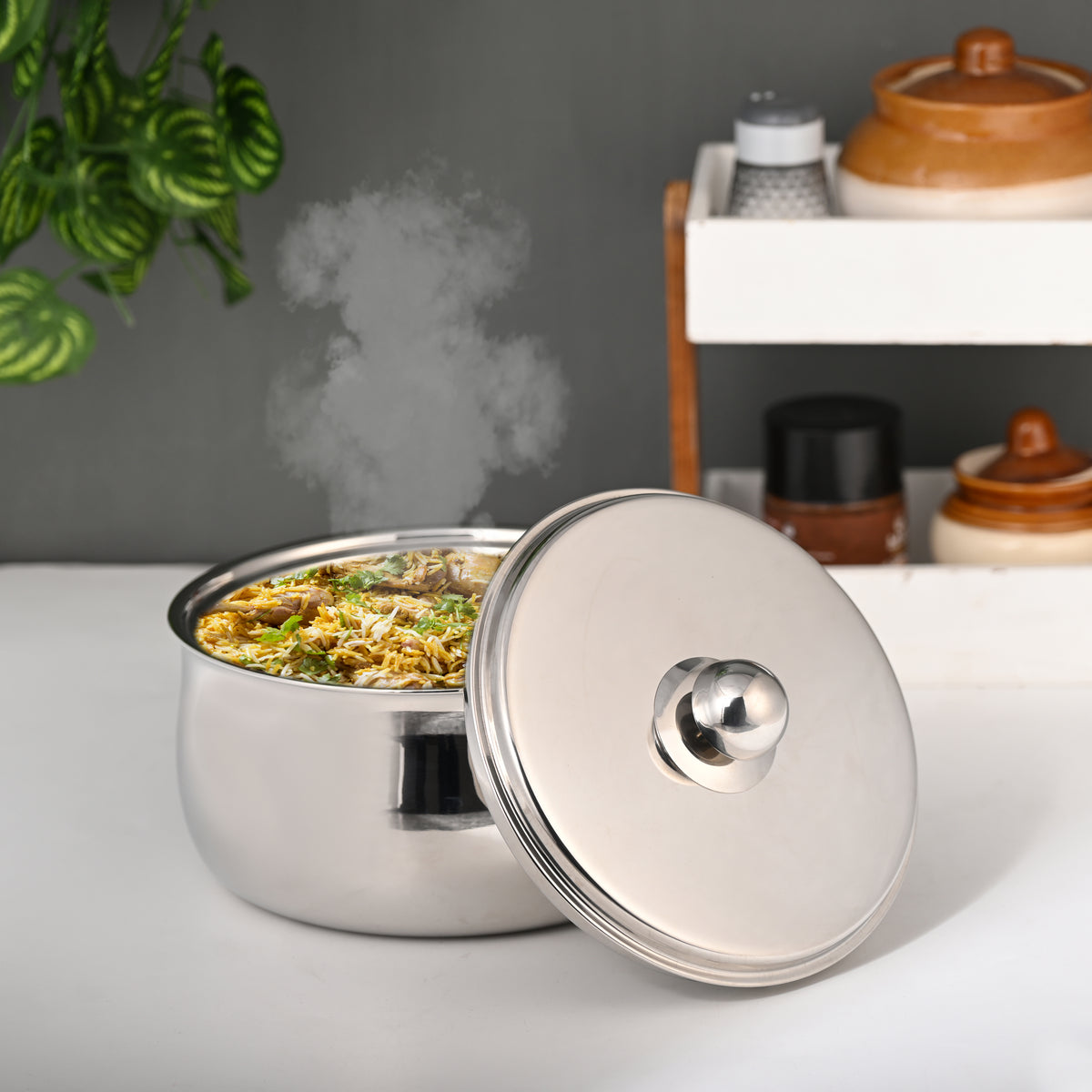 FnS Ebro Stainless Steel Casserole with steaming biryani, available in 1000ml, 1500ml, 2000ml and 3000ml