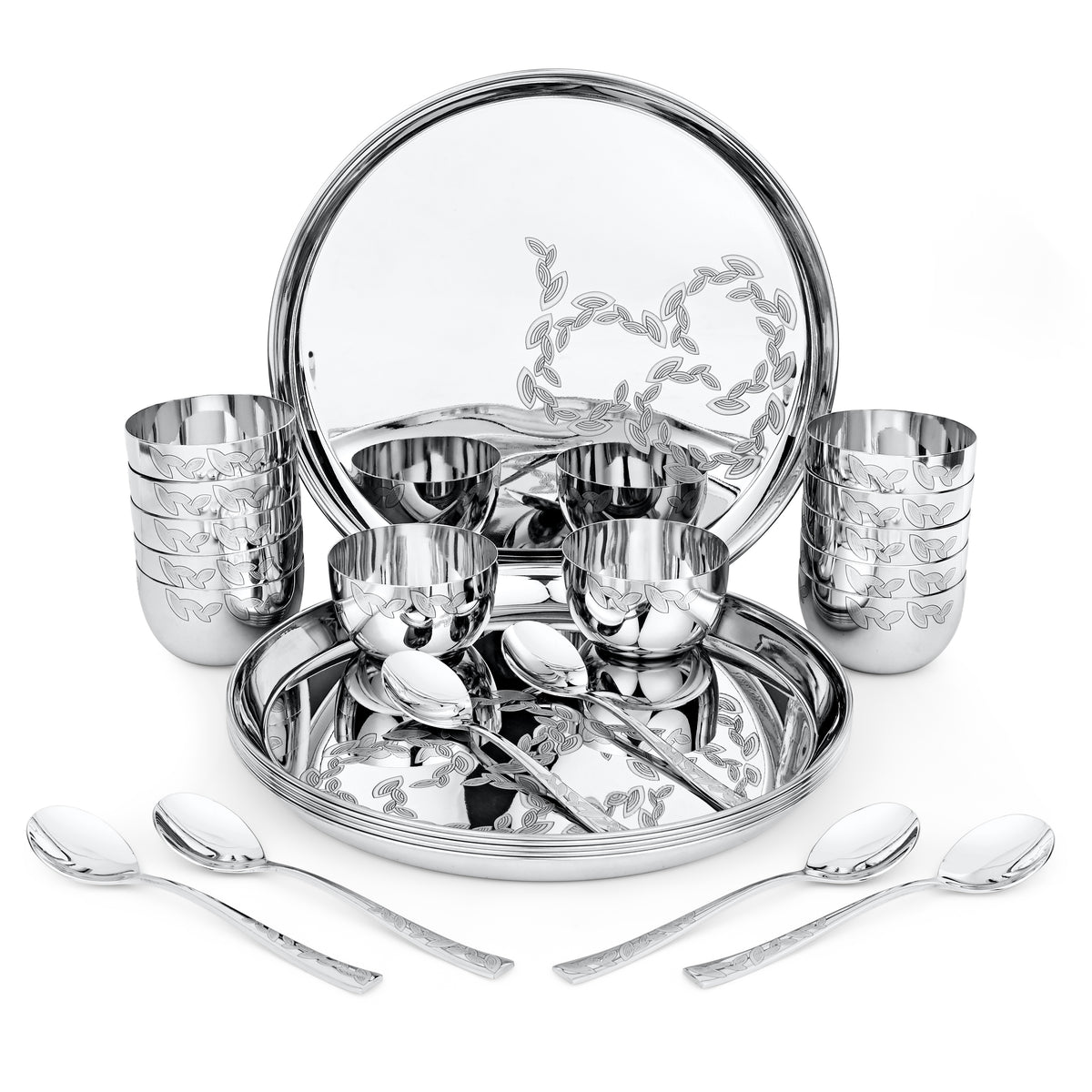 FnS Motif 24 pcs Stainless Steel Dinner (6 Thali, 12 Katori (Bowl), 6 Dinner Spoon)