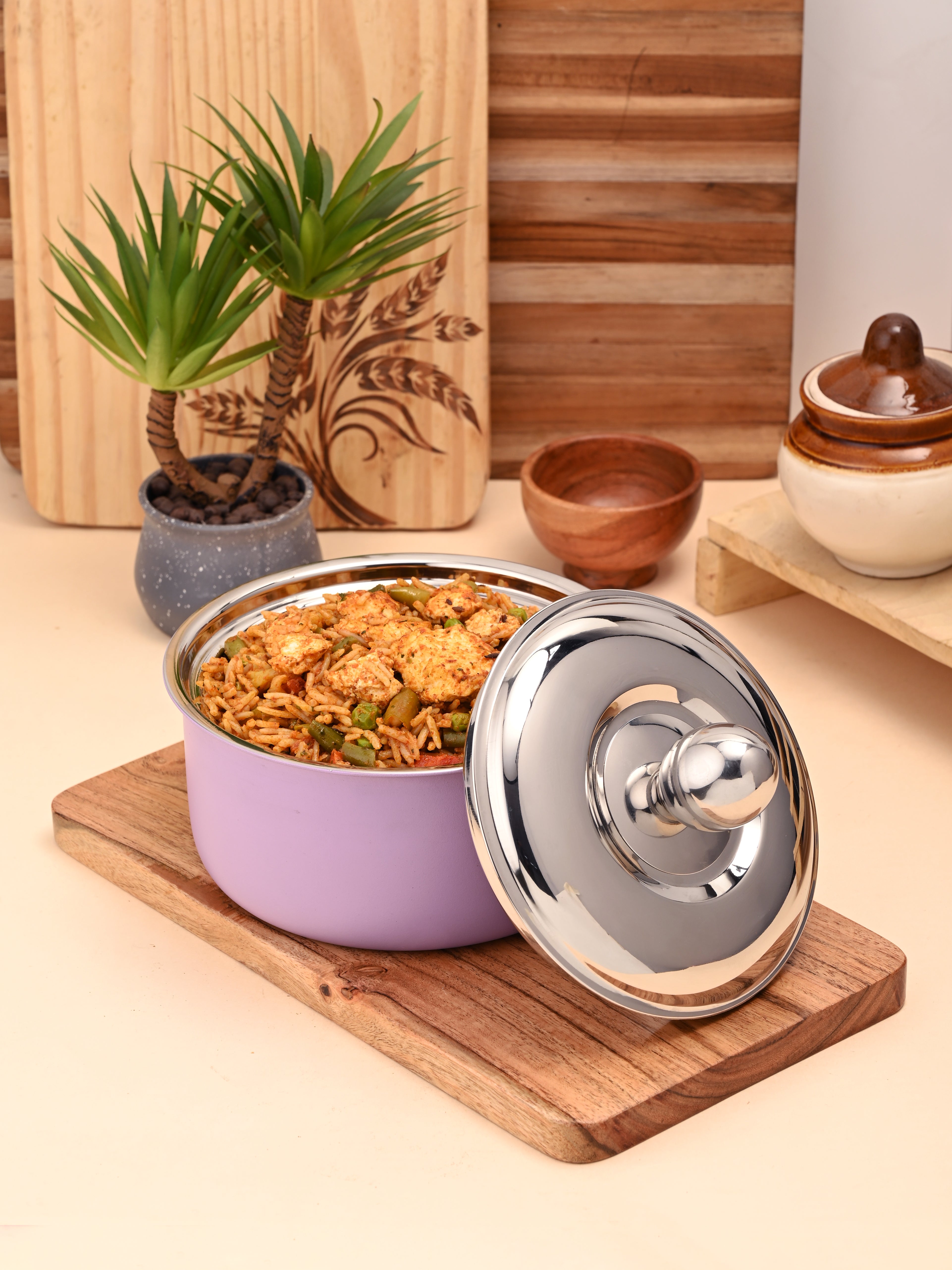 FNS Alwin Purple Finish Stainless Steel Double Wall Insulated Designer Casserole with Lid (2200 ml)