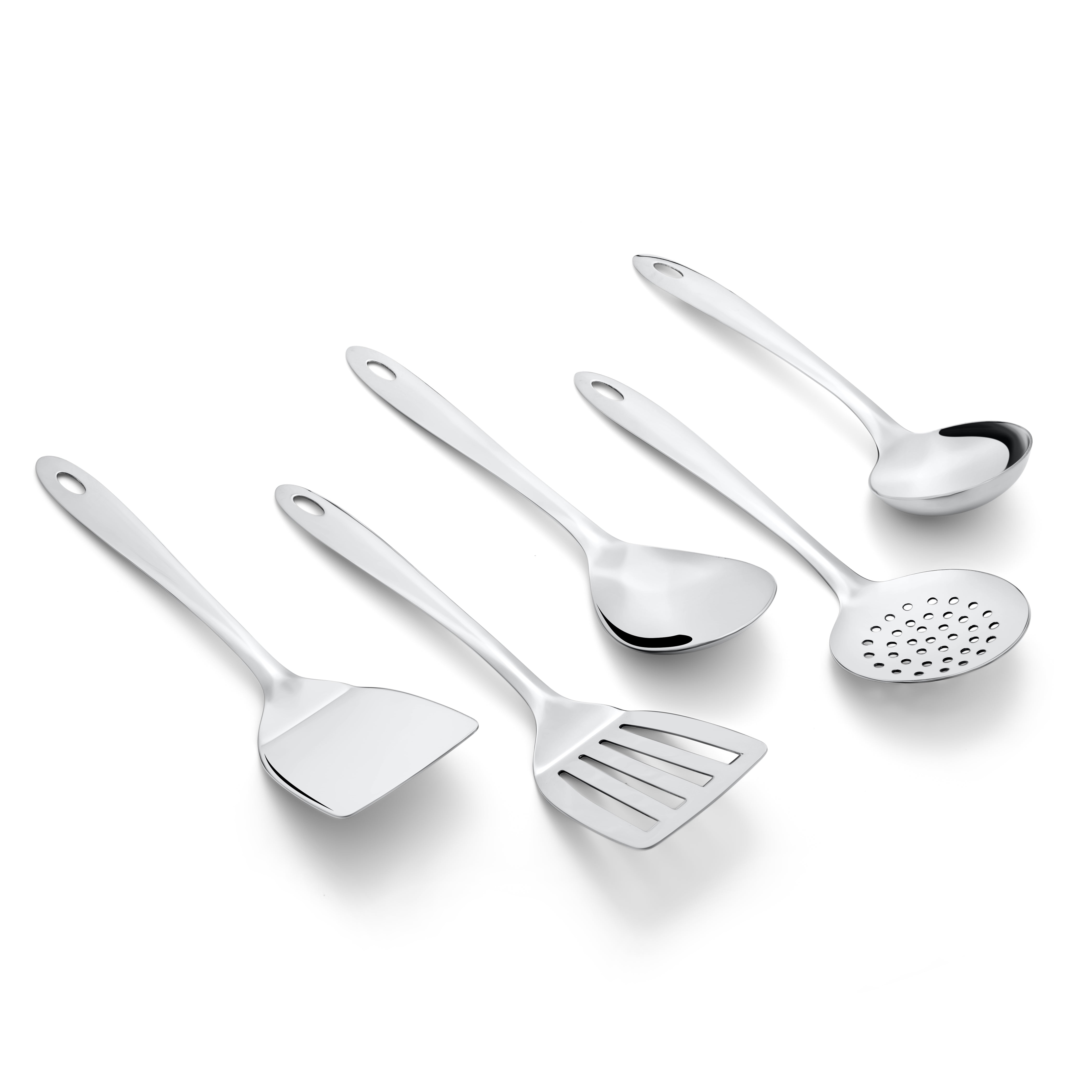 Montavo by FnS Amazon Stainless Steel Serving Tools Set of 5, 1 Slotted Turner, 1 Gravy Ladle, 1 Skimmer Turner, 1 Serving Spoon, 1 Turner Solid