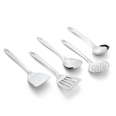 Montavo by FnS Amazon Stainless Steel Serving Tools Set of 5, 1 Slotted Turner, 1 Gravy Ladle, 1 Skimmer Turner, 1 Serving Spoon, 1 Turner Solid