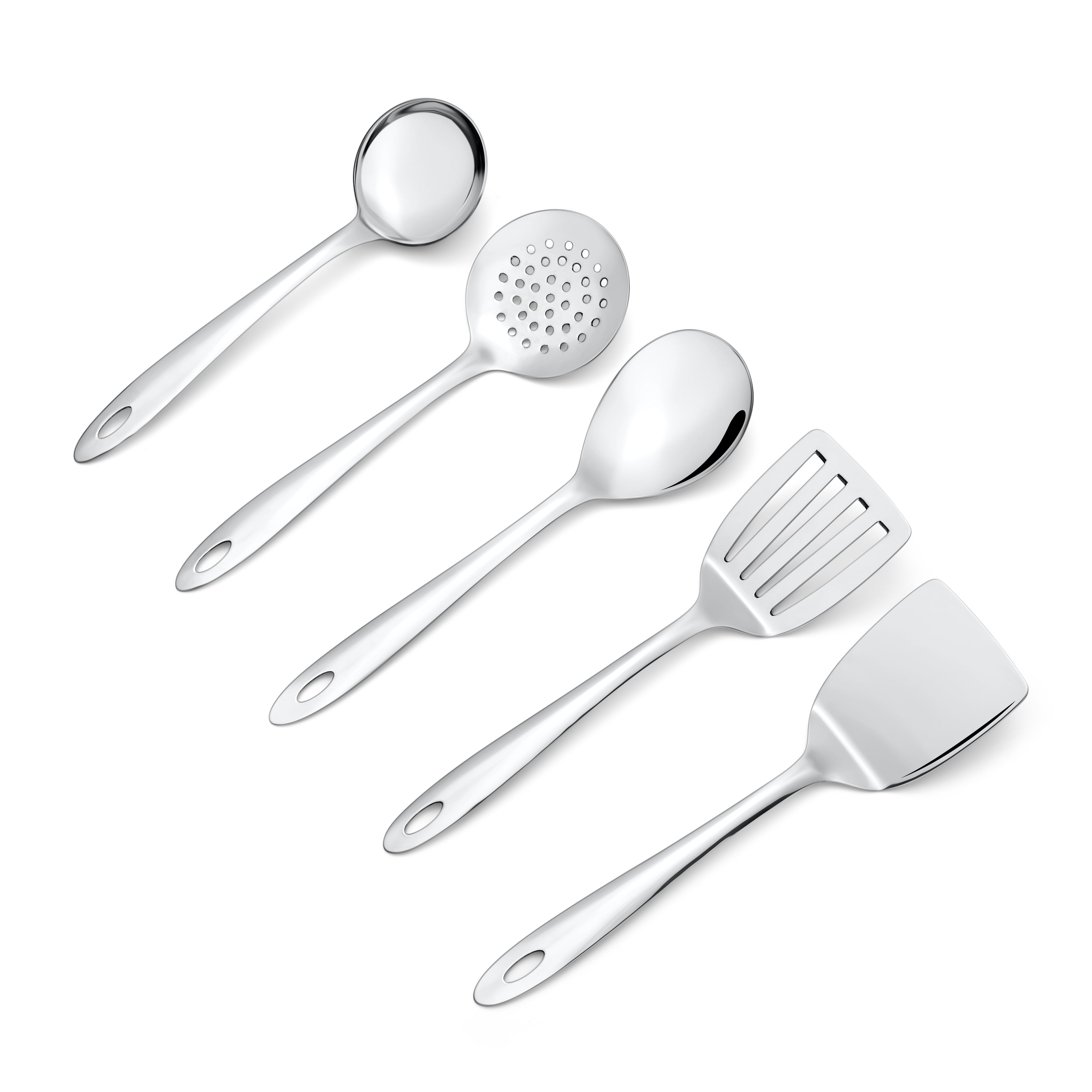 Montavo by FnS Amazon Stainless Steel Serving Tools Set of 5, 1 Slotted Turner, 1 Gravy Ladle, 1 Skimmer Turner, 1 Serving Spoon, 1 Turner Solid