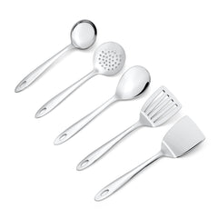 Montavo by FnS Amazon Stainless Steel Serving Tools Set of 5, 1 Slotted Turner, 1 Gravy Ladle, 1 Skimmer Turner, 1 Serving Spoon, 1 Turner Solid
