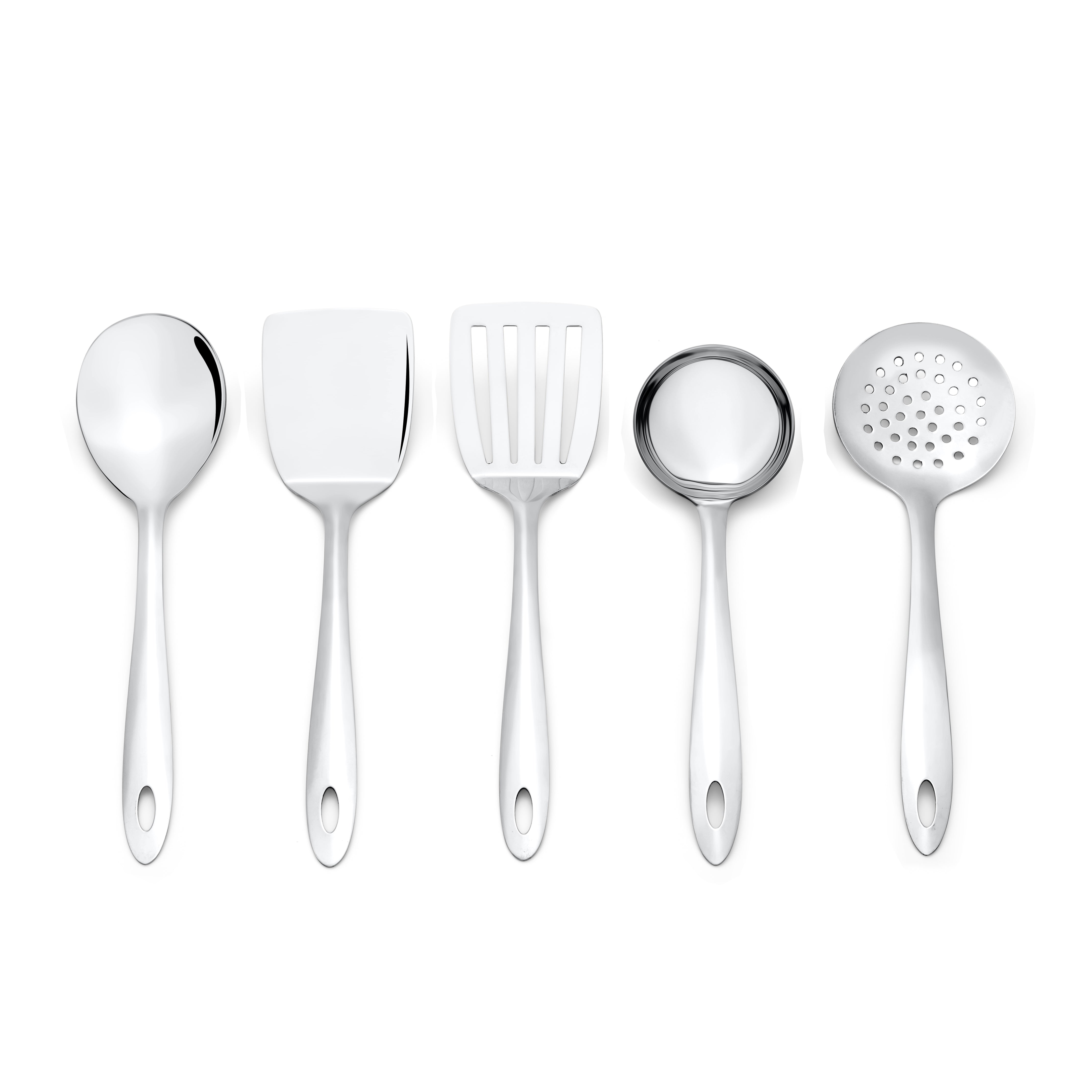 Montavo by FnS Amazon Stainless Steel Serving Tools Set of 5, 1 Slotted Turner, 1 Gravy Ladle, 1 Skimmer Turner, 1 Serving Spoon, 1 Turner Solid
