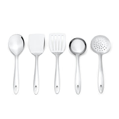 Montavo by FnS Amazon Stainless Steel Serving Tools Set of 5, 1 Slotted Turner, 1 Gravy Ladle, 1 Skimmer Turner, 1 Serving Spoon, 1 Turner Solid