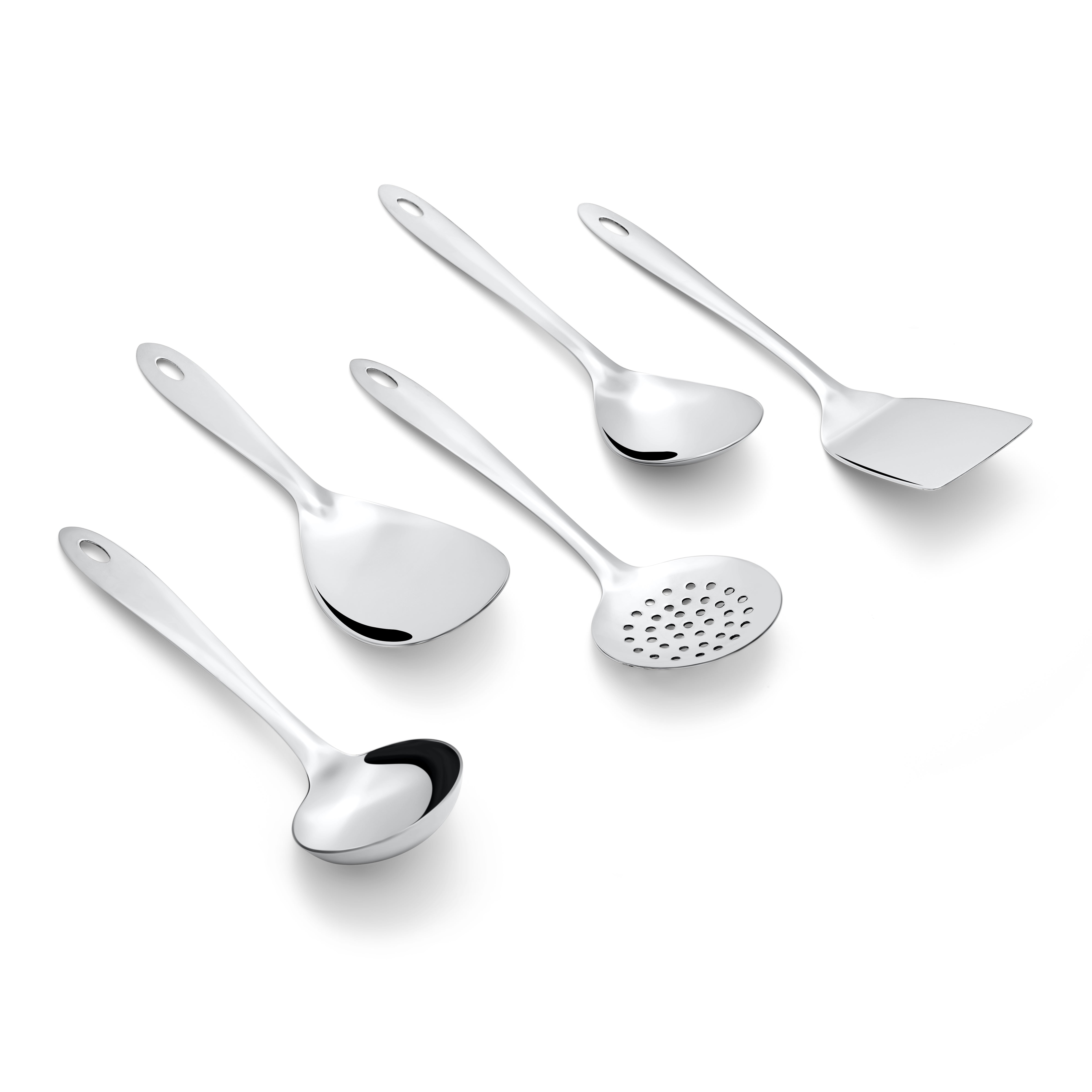 Montavo by FnS Amazon Stainless Steel Serving Tools Set of 5, 1 Rice Server, 1 Gravy Ladle(chamcha), 1 Skimmer Turner(Karchhi), 1 Veg Serving Spoon(Spatula), 1 Turner Solid(Palta)