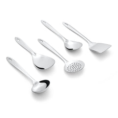 Montavo by FnS Amazon Stainless Steel Serving Tools Set of 5, 1 Rice Server, 1 Gravy Ladle(chamcha), 1 Skimmer Turner(Karchhi), 1 Veg Serving Spoon(Spatula), 1 Turner Solid(Palta)