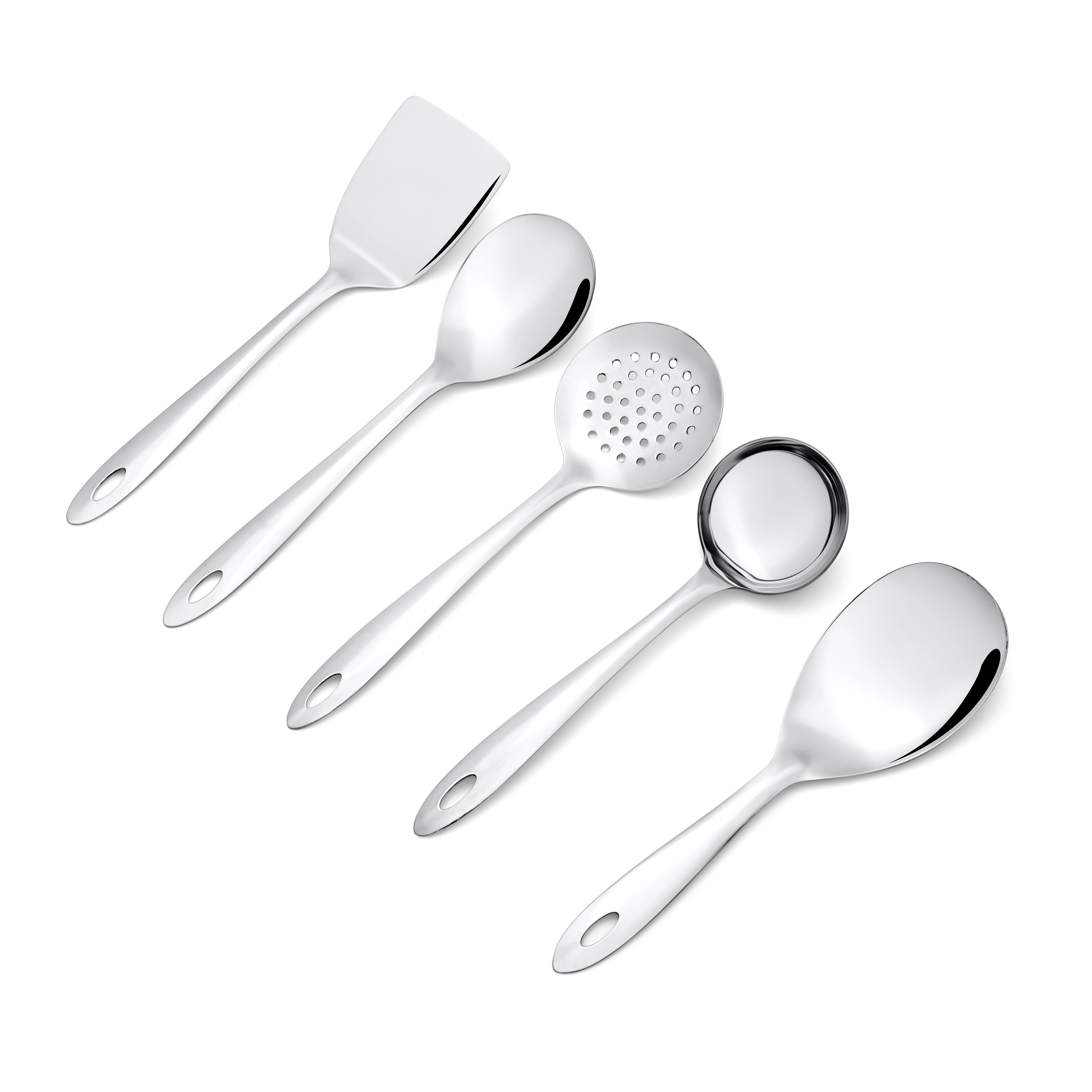 Montavo by FnS Amazon Stainless Steel Serving Tools Set of 5, 1 Rice Server, 1 Gravy Ladle(chamcha), 1 Skimmer Turner(Karchhi), 1 Veg Serving Spoon(Spatula), 1 Turner Solid(Palta)