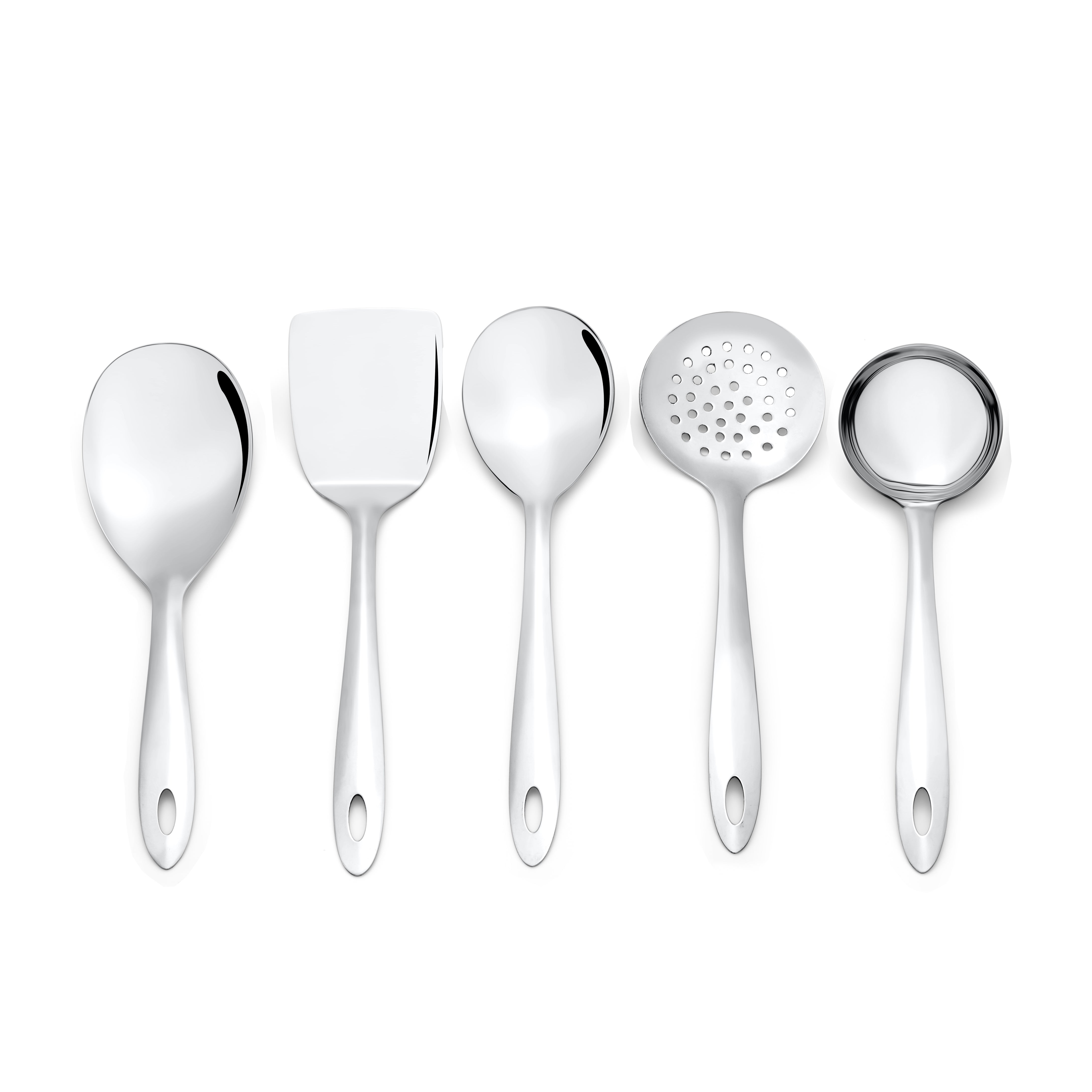 Montavo by FnS Amazon Stainless Steel Serving Tools Set of 5, 1 Rice Server, 1 Gravy Ladle(chamcha), 1 Skimmer Turner(Karchhi), 1 Veg Serving Spoon(Spatula), 1 Turner Solid(Palta)