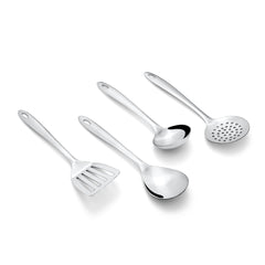 Montavo by FnS Amazon Stainless Steel Serving Tools Set of 4, 1 Gravy Ladle (chamcha), 1 Skimmer Turner(Karchhi), 1 Slotted Turner(Palta), 1 Veg Serving Spoon(Spatula)