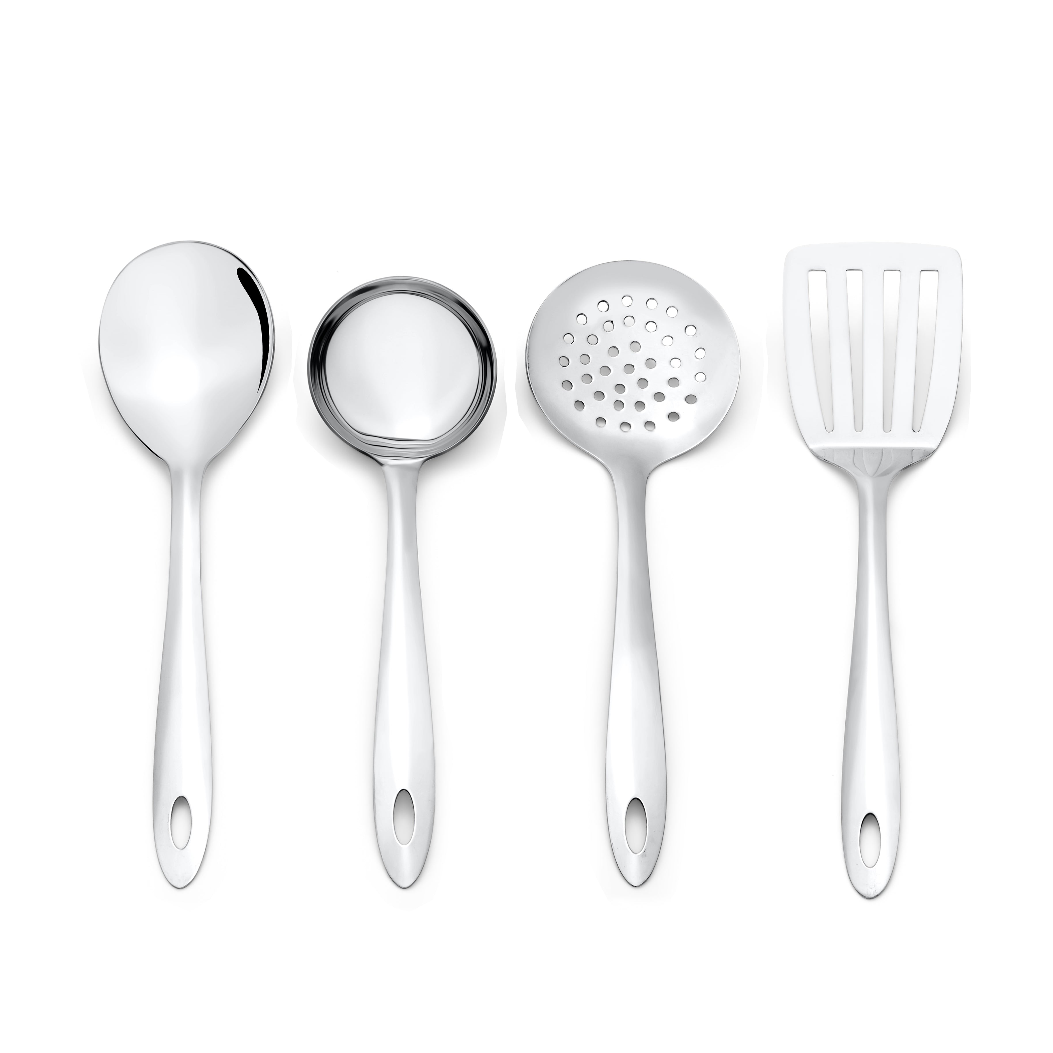 Montavo by FnS Amazon Stainless Steel Serving Tools Set of 4, 1 Gravy Ladle (chamcha), 1 Skimmer Turner(Karchhi), 1 Slotted Turner(Palta), 1 Veg Serving Spoon(Spatula)