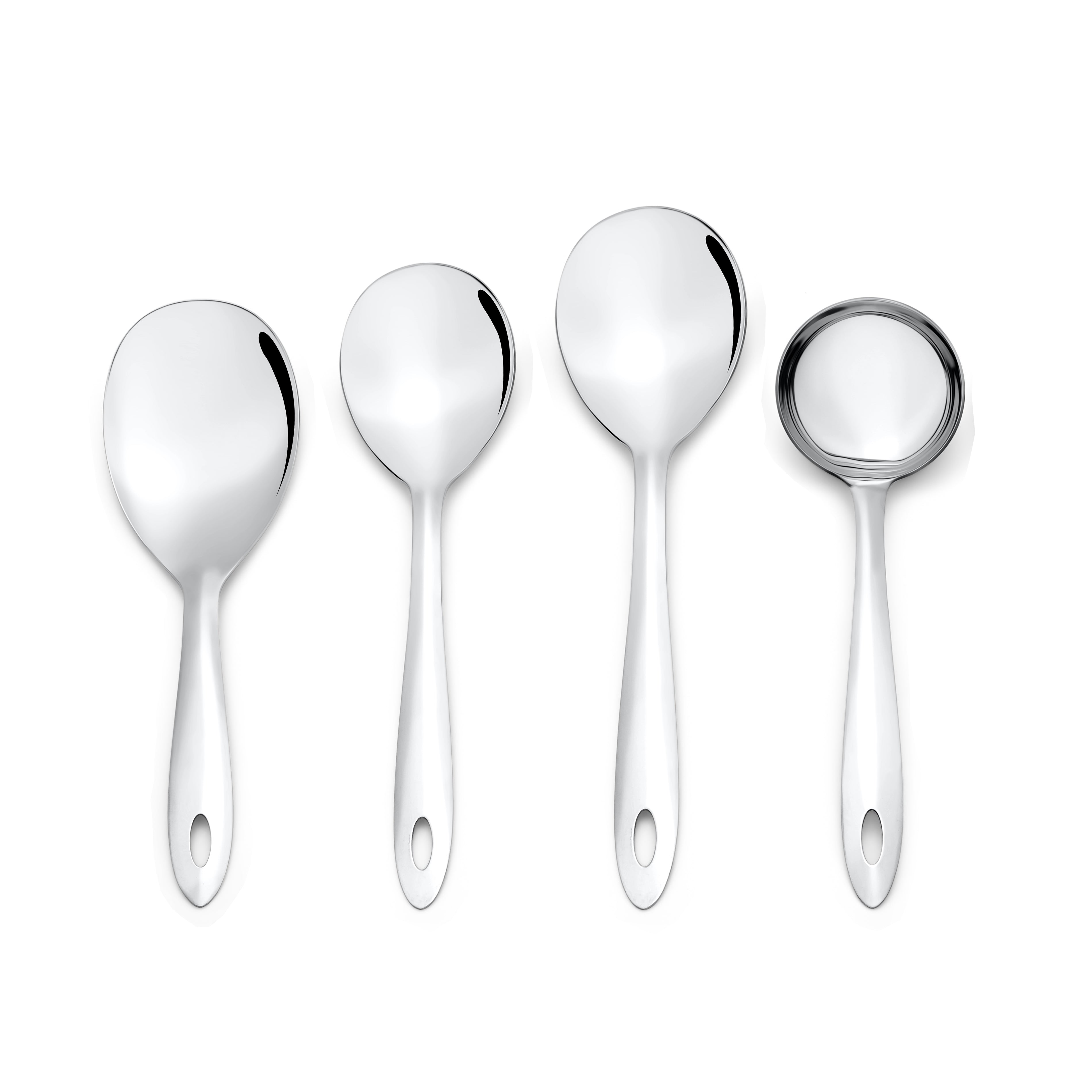 Montavo by FnS Amazon Stainless Steel Serving Tools Set of 4, 1 Gravy Ladle (chamcha), 1 Rice Server, 1 Veg Serving Spoon (Medium), 1 Veg Serving Spoon (Small)