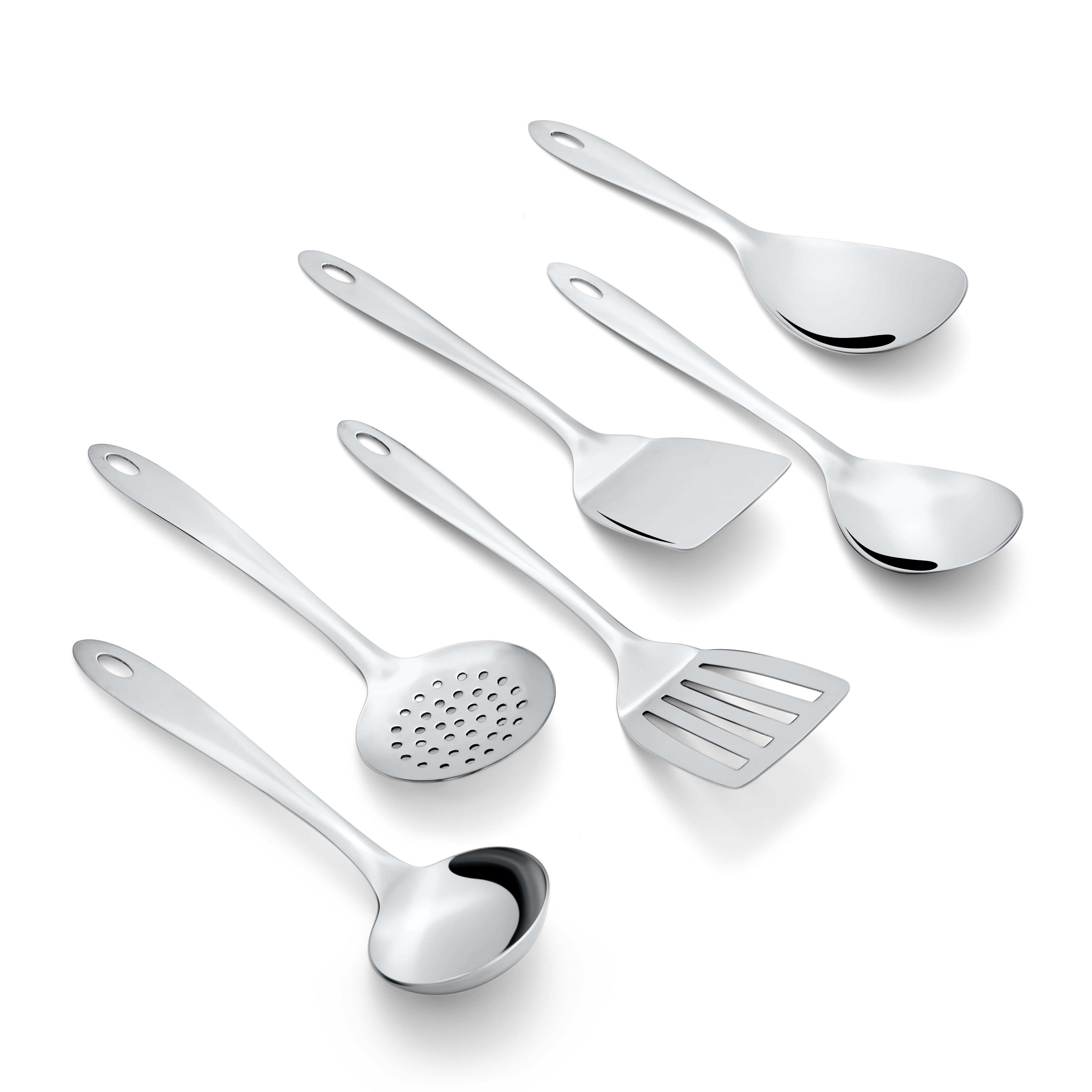 Montavo by FnS Amazon Stainless Steel Serving Tools Set of 6, 1 Rice Server, 1 Gravy Ladle, 1 Serving Spoon, 1 Solid Palta, 1 Skimmer, 1 Turner Slotted