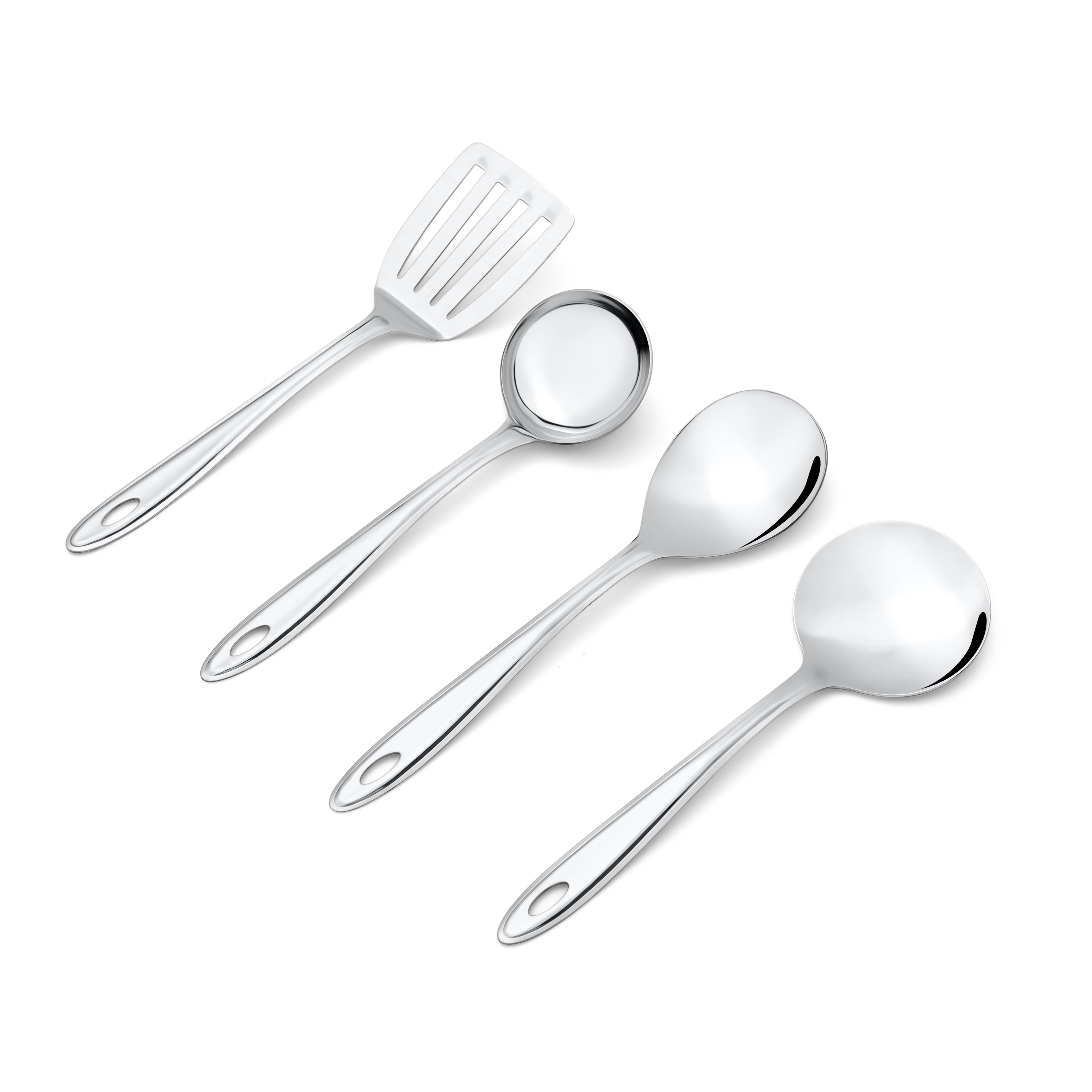 Montavo by FnS Trinity Stainless Steel Serving Tools Set of 4, 1 Gravy Ladle (chamcha), 1 Skimmer Turner(Karchhi), 1 Slotted Turner(Palta), 1 Veg Serving Spoon(Spatula)