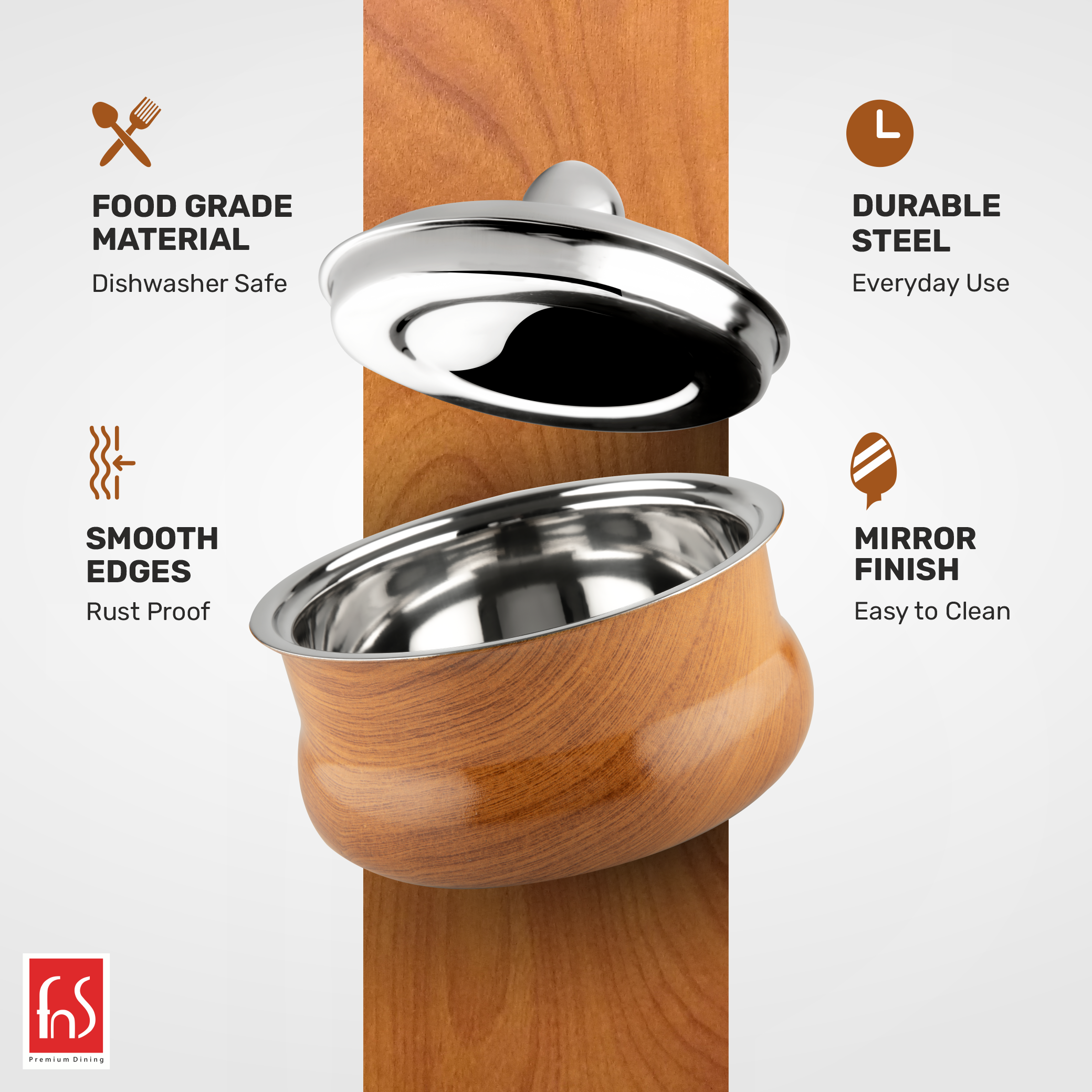 FnS Woodera Stainless Steel Casserole (850 ml)