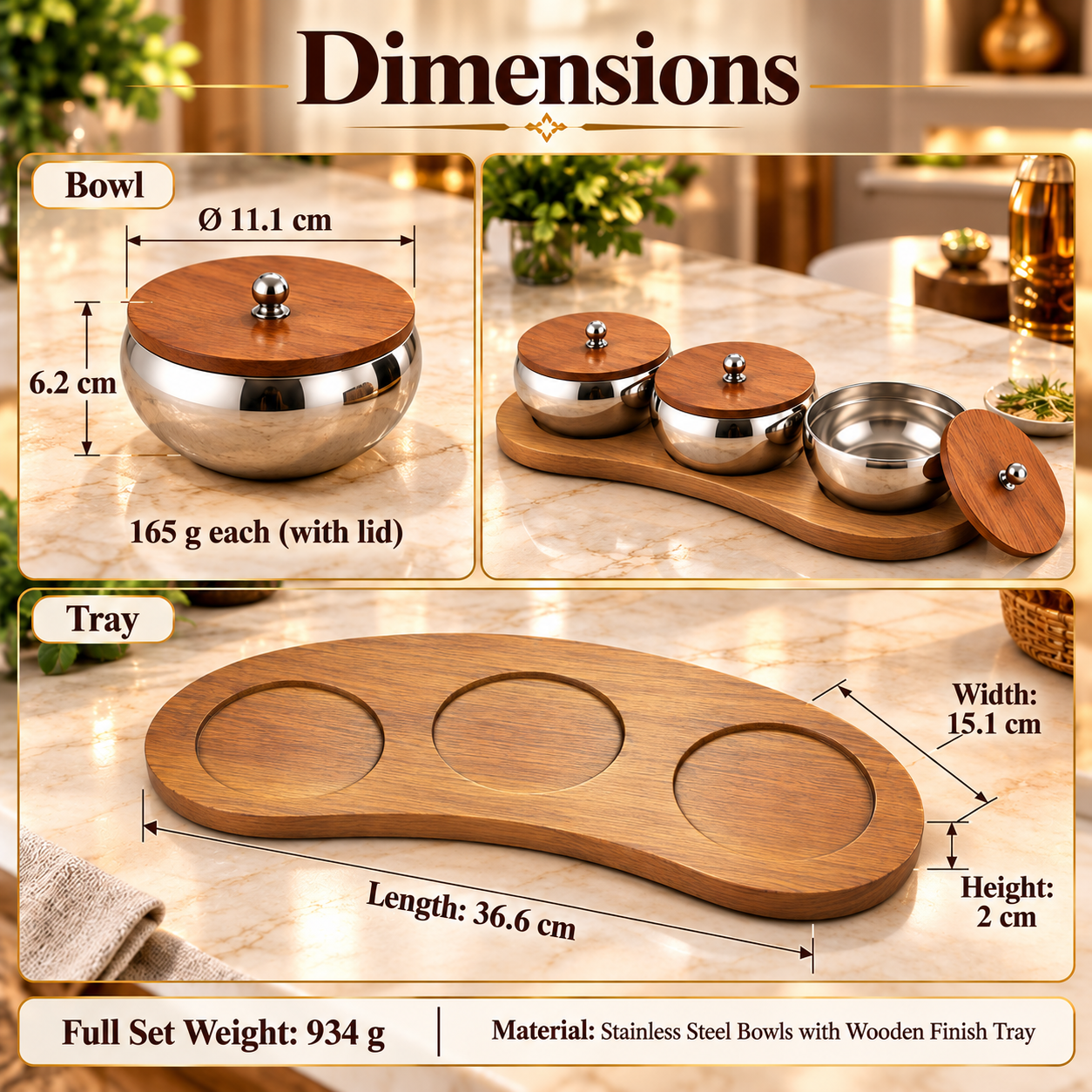 FnS Brazos 3-Pc Stainless Steel Serving Bowl Set with Lids & Tray