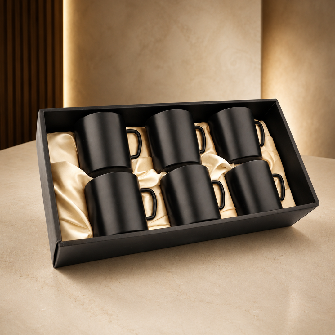 FnS black stainless steel coffee mugs set of 6, 300 ml double wall BPA-free cups with wide handles in a gift box.