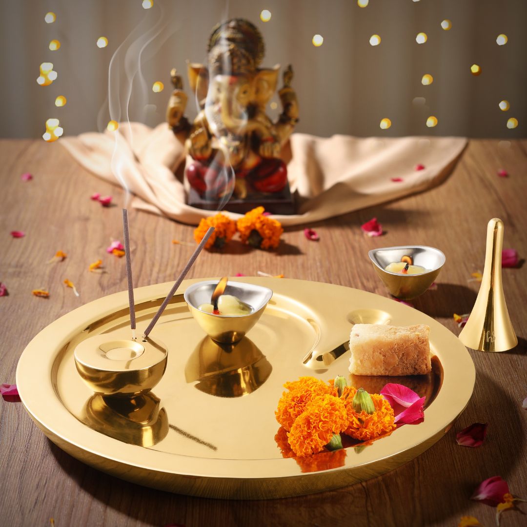 FNS Shubh Stainless Steel Pooja Thali in Gold Finish