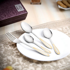 FnS Classic 24 Karat Gold Plated 18 Pcs Cutlery Set with Leatherette Box (6 Pc Dinner Spoons, 6 Pc Dinner Fork, 6 Pc Tea Spoons)