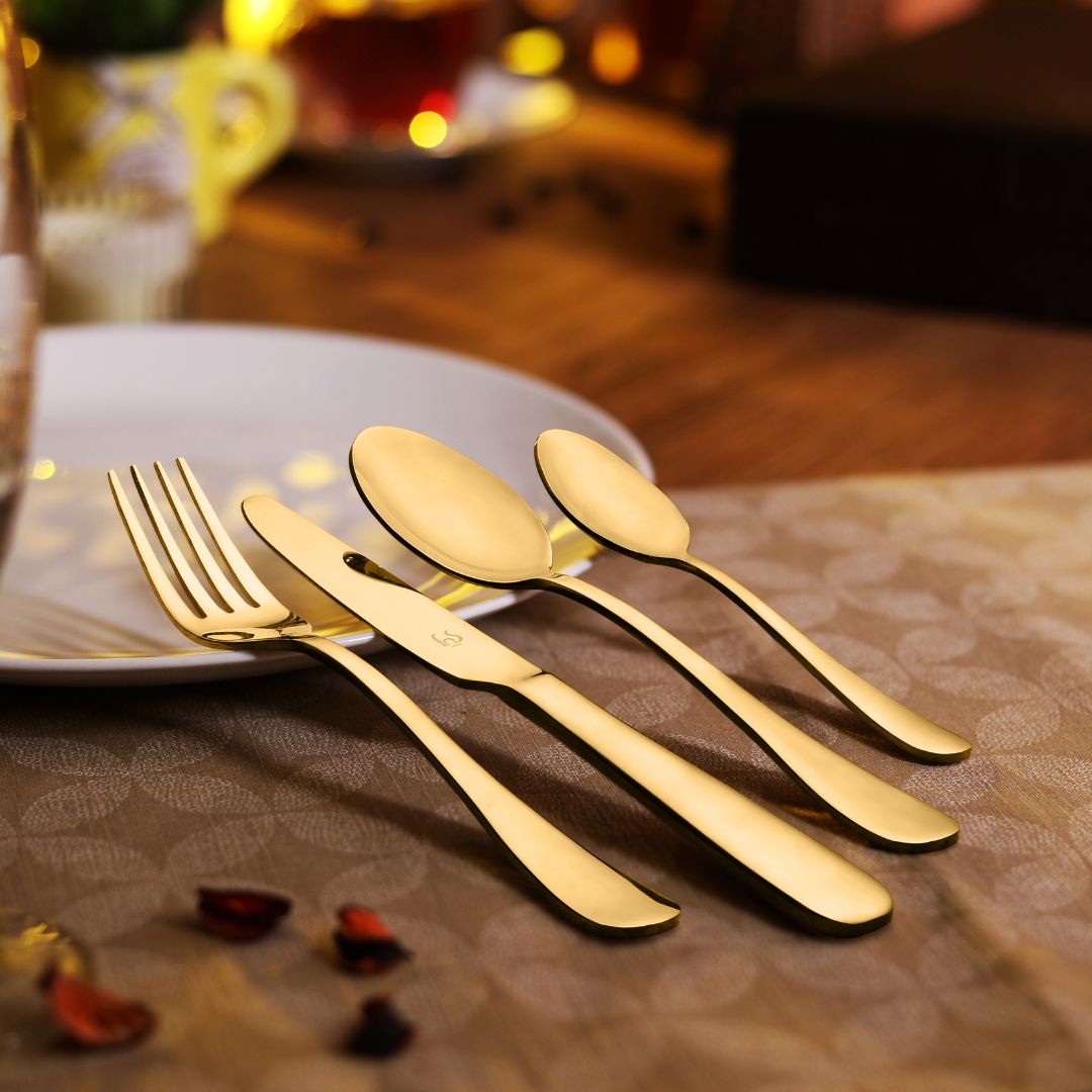 FNS Aurik 24 pcs Gold Plated Premium 24 pcs Cutlery Set With Stand