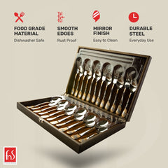 FnS Imperio 24 Karat Gold Plated Cutlery Set with Leatherette Packaging