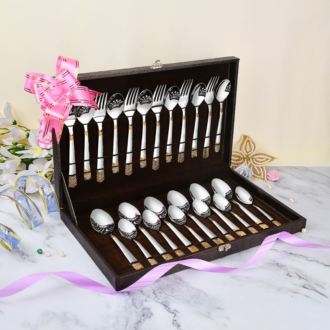 FnS RAGA 24 Karat Gold Plated 24 Pcs Cutlery Set with Leatherette Box Packaging