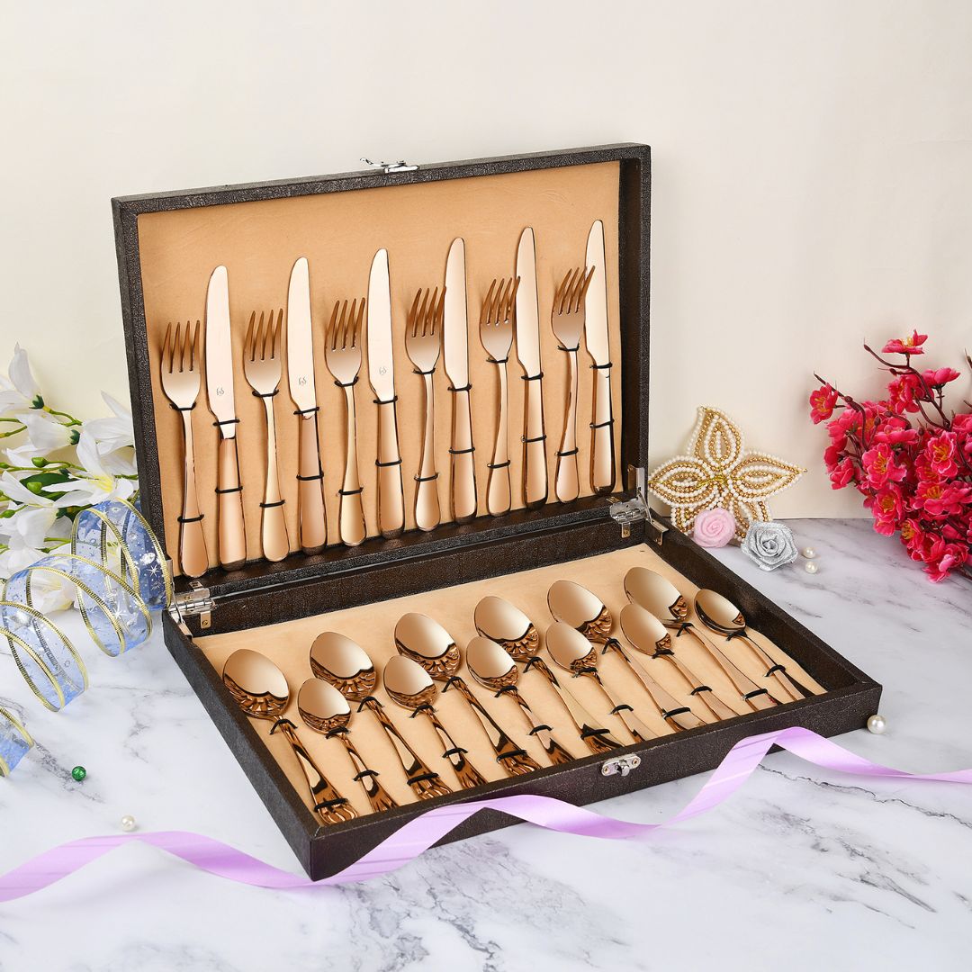 FnS Rosella Rose Gold 24 Pcs Cutlery Set with Leatherette Box