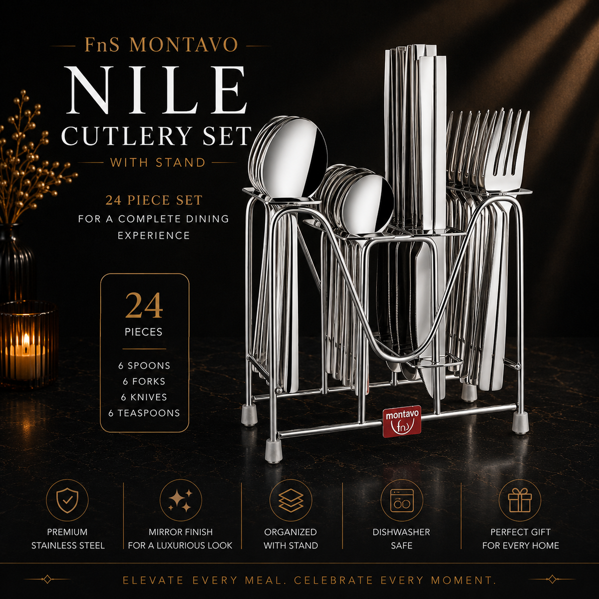 FNS Montavo Nile Stainless Steel Cutlery Set with Stand for Dining Table - Set of 24 Pieces (Contains : 6 Dinner Spoons, 6 Dinner Forks, 6 Tea Spoons & 6 Knifes)