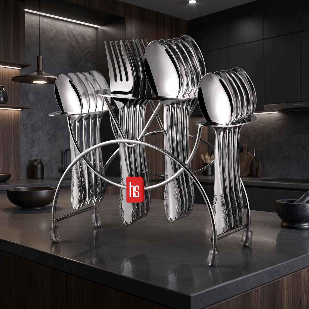FnS Perth 24-piece stainless steel cutlery set with spoons and forks neatly arranged on a stand in a modern dark kitchen.