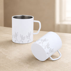 FnS white stainless steel coffee mugs set of 2 with elegant laser engraved leaf design and wide handles for tea and coffee