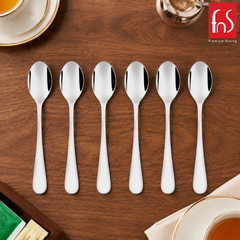 FnS Victoria 6-Pc mirror finish stainless steel tea spoon set arranged on a wooden table with premium tea serveware.