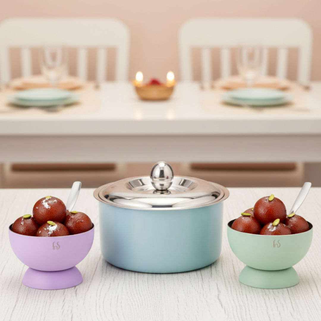 FnS Alwin sky blue stainless steel casserole with lid and 6 Mellora dessert bowl set, Available in 850ml, 1600ml, 2200ml, 3000ml