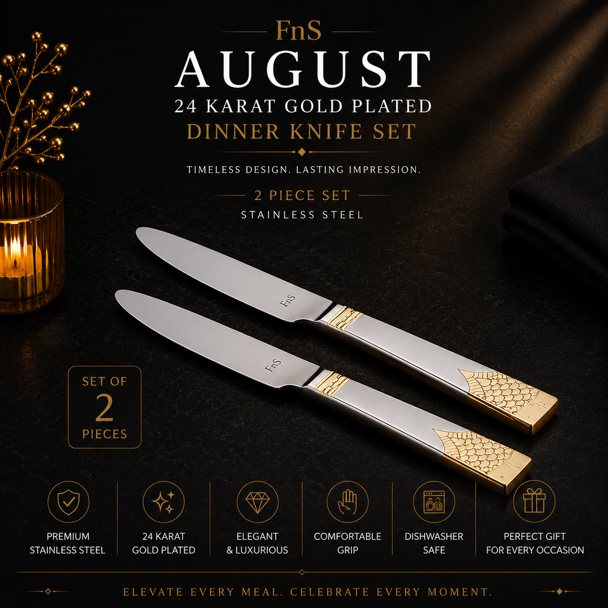 FnS August 2 pcs 24 Karat Gold Plated Dinner Knife