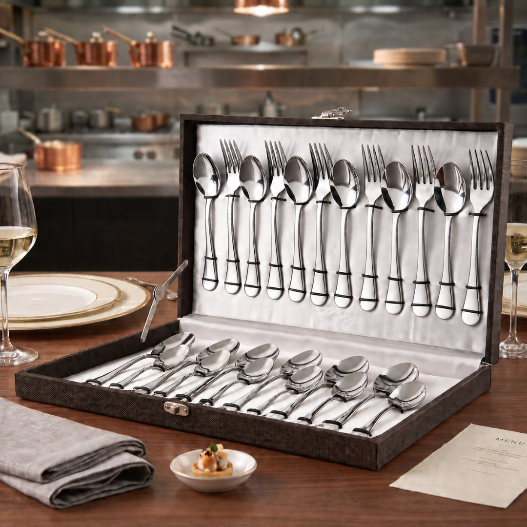 FnS Bria 24-piece stainless steel cutlery set with spoons and forks arranged in a leatherette box on a dining table.
