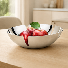 FnS Oregon stainless steel fruit basket with modern cutout design, filled with red apples on a wooden dining table.